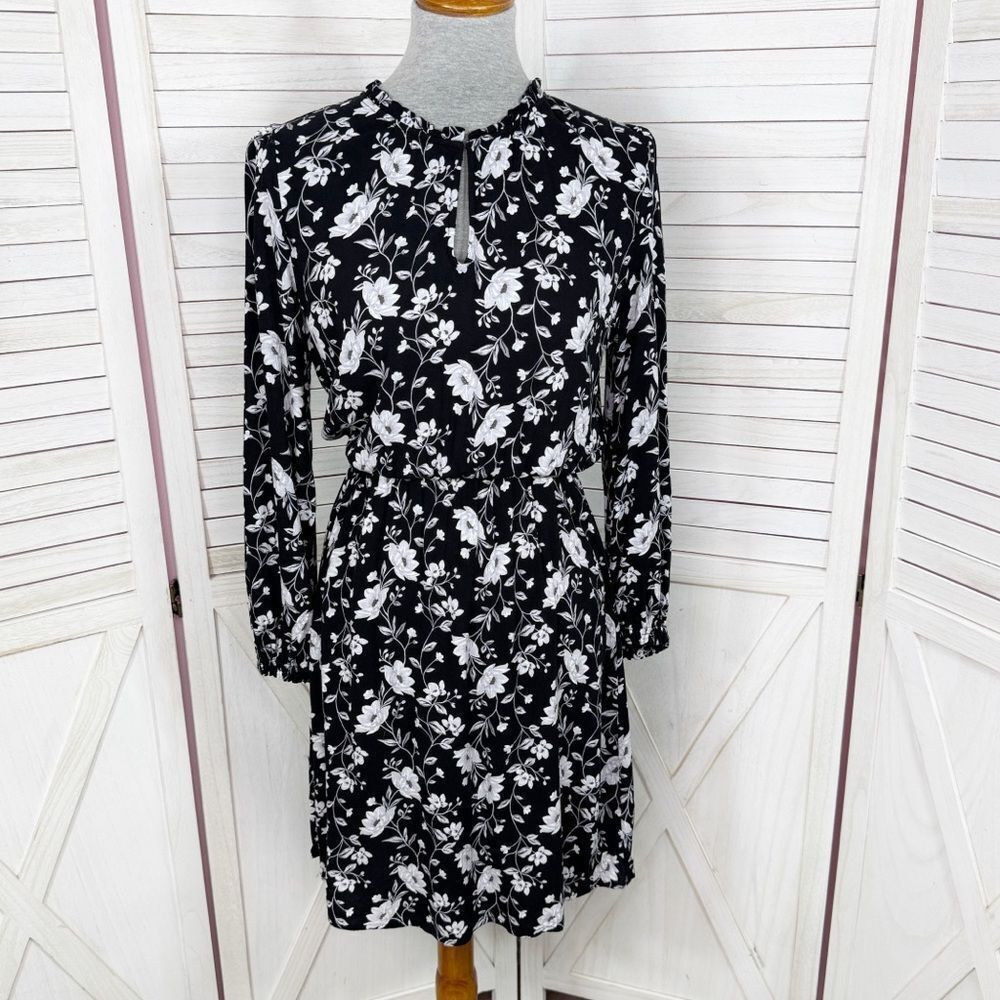 Old Navy Floral Ruffle Collar Long Sleeve Elastic Waist Dress Black White Small